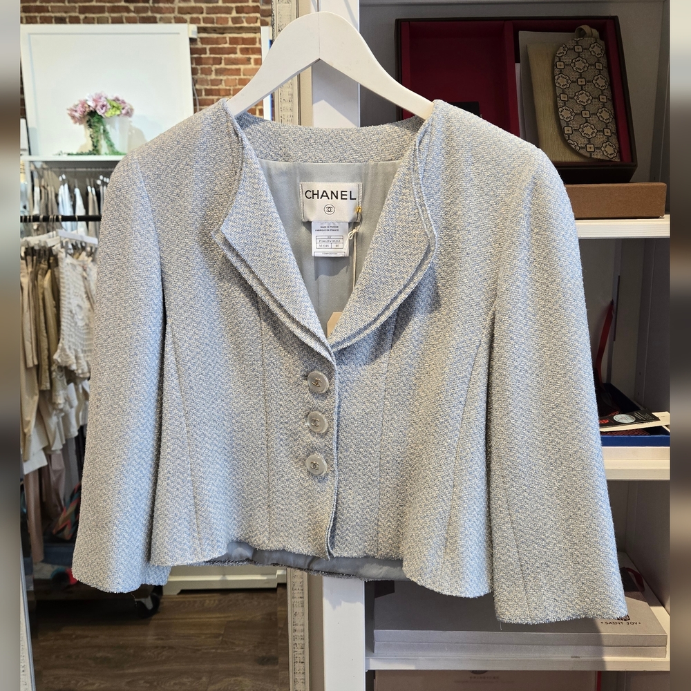 Chanel Tweed Blazer Blue Wool Silk Size 40